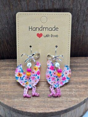 NWT Pink Floral Chicken Earrings Pierced Acrylic Boots Dangle Drop Light Weight